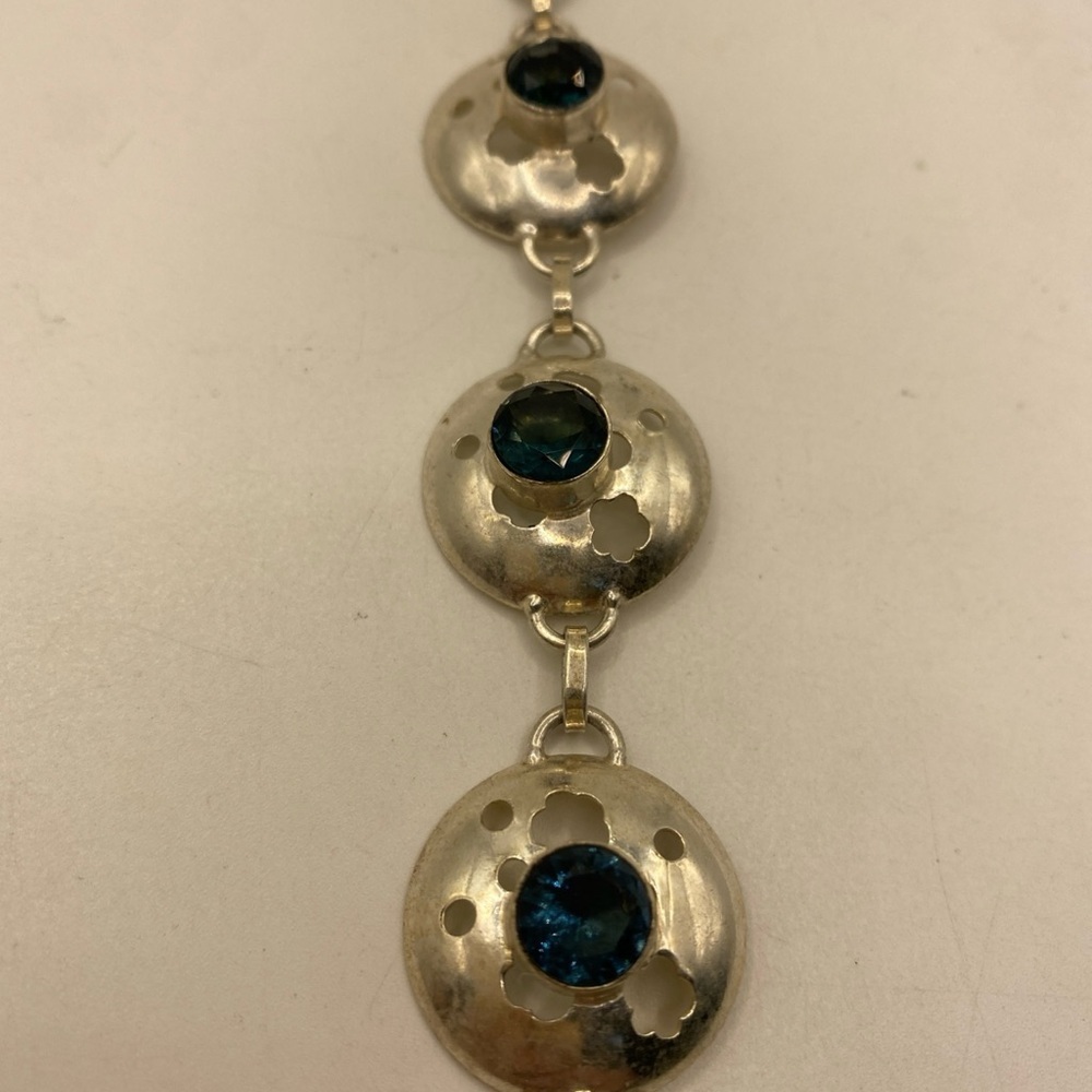 Vintage Disc Bracelet with Blue Rhinestone Stones 925 Sterling Silver - Picture 9 of 9